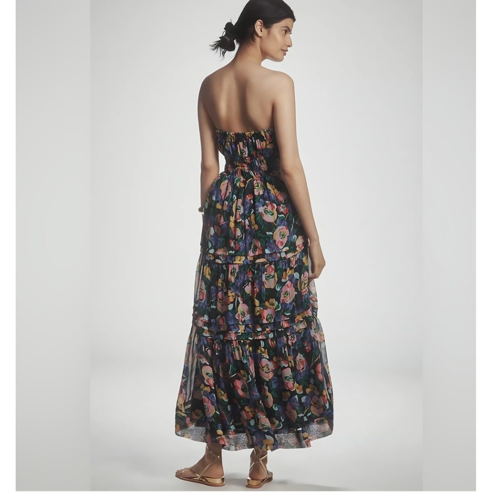 Anthropologie Floral Strapless Smocked Maxi Dress Navy Multi Tiered Pockets NWT - Picture 3 of 9